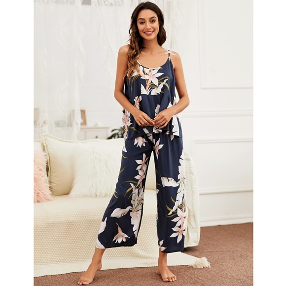 3 Piece Navy Color Floral Print Pajama Set - Picture 3 of 10